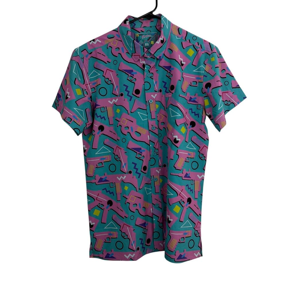 Retro Rifle Shirt Mens Large Pink Short Sleeve Button Up Casual Colorful Stretch
